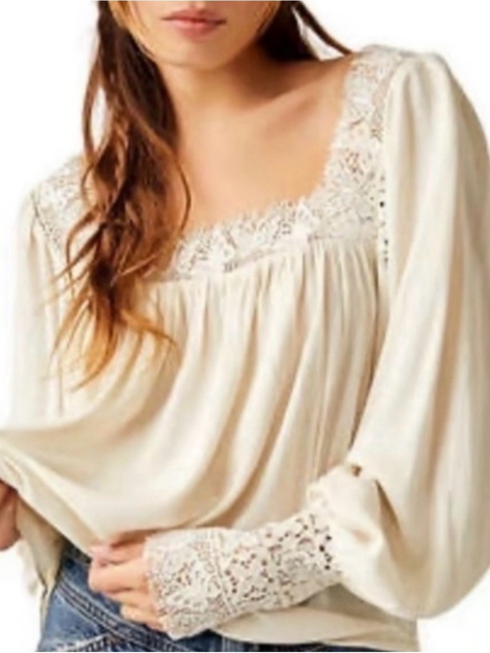 Free People Ivory Lace-Trim Square Neck Blouse